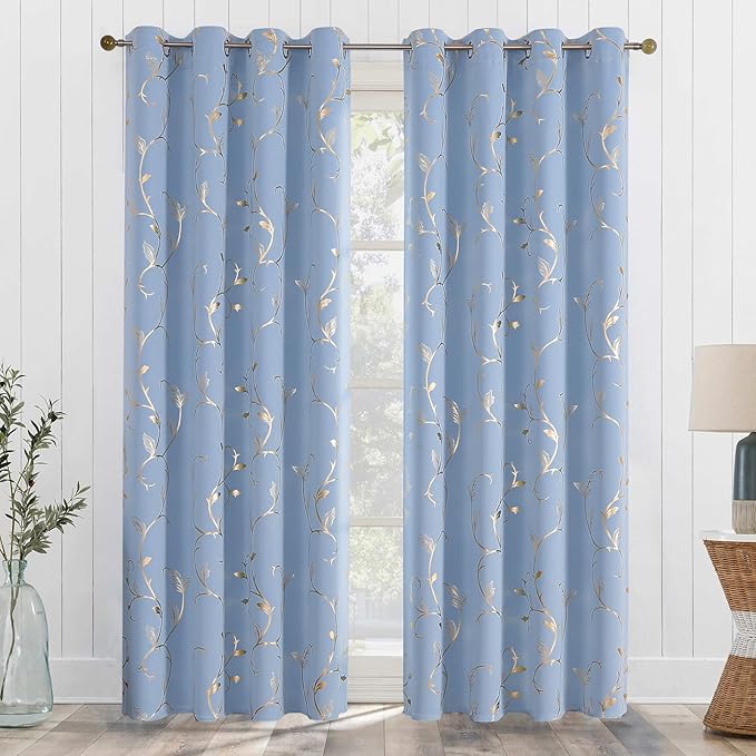 BUHUA Blackout Curtains Gold Foil Print Flower Vine Grommet Drapes, Room Darkening Thermal Insulated Curtains, Noise Reducing Blackout Curtain for Bedroom, Blue, 52Wx84L, 2 Panels - Image 7