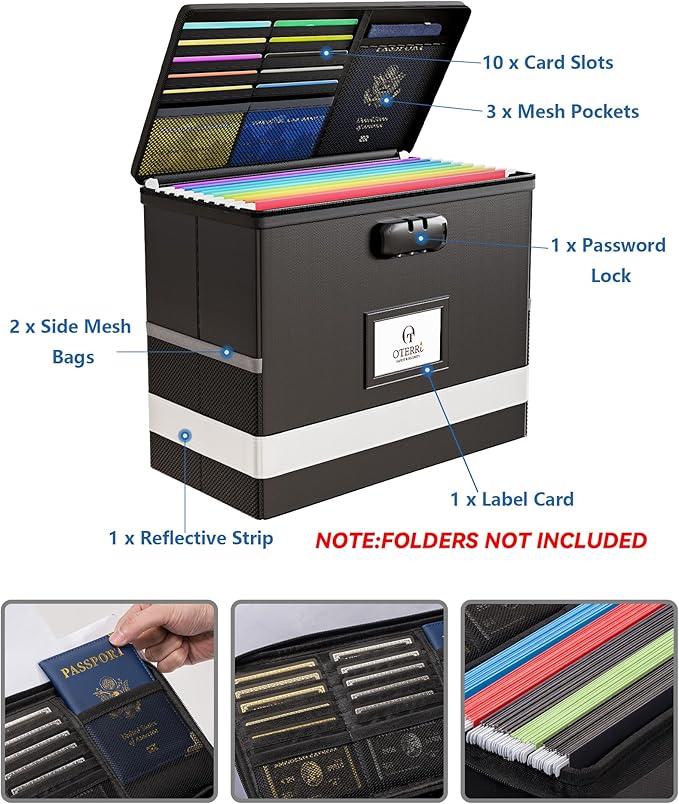 Oterri 2 Pack Fireproof Document Box With Lock, Portable File Safe Box Fireproof Waterproof For Letter Files, Collapsible Fireproof File Box With Handle Black - Image 3
