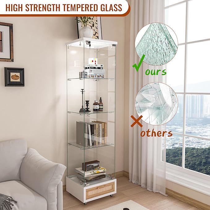 Yoluckea 4-Tier Glass Display Cabinet with LED Lighting and Drawer, 1-Door Floor Standing Curio Cabinet with Wheel for Home, Office, Corner Display, White Glass Bookshelf for Collections and Decor - Image 6