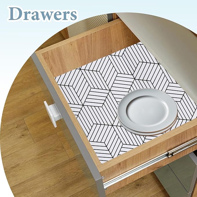 Shelf Liners for Kitchen Cabinets 17in x 20FT, Non Adhesive Cabinet Liner Strong Non-Slip Thickened Black White Geometric Drawer Liner, Easy to Clean for Shelf, Cabinet with Knife and Tape Measure - Image 3