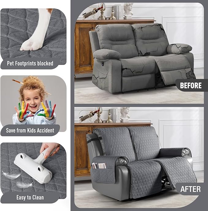 TAOCOCO 100% Waterproof Recliner Cover, Non-Slip Washable Reclining Couch Cover with Elastic Leg Straps, Furniture Protector for Dogs (Dark Gray, 2 Seater) - Image 2