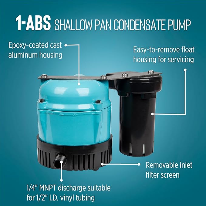 Little Giant 1-ABS 115-volt, 1/150 HP, 205 GPH Automatic Shallow Pan Condensate Removal Pump for Ceiling Mounted Air Conditioners or Dehumidifiers, with Condensate Collection Tank, Black/Blue, 550522 - Image 3