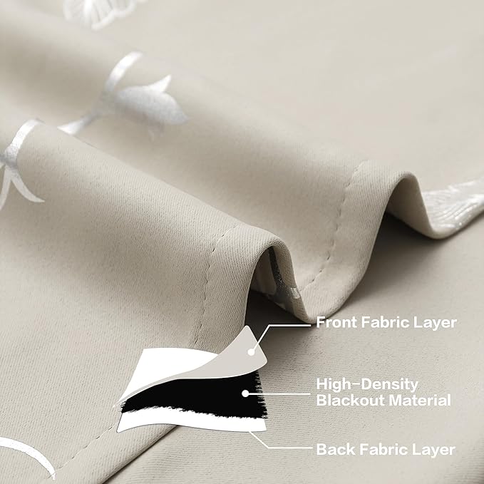 BUHUA Blackout Curtains Silver Foil Print Flower Vine Grommet Drapes, Room Darkening Thermal Insulated Curtains, Noise Reducing Curtain for Bedroom, Natural, 52Wx96L, 2 Panels - Image 6