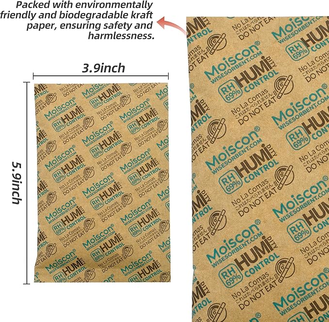 60 Gram 5 Pack 69% Two-Way Humidity Control Packs, Size 60 for Plastic Travel Case & Zip Lock Bags & Wood Containers, 69 Humidity Pack Humidifier Moisture Control Packets Individually Wrapped - Image 4