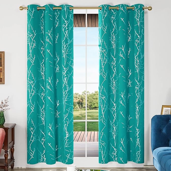 Deconovo Blackout Curtains, Thermal Insulated Soundproof Drapes with Tree Foil Print, 42 x 84 Inch, Set of 2, Machine Washable Window Curtain for Bedroom Living Room Nursery Kitchen Office, Turquoise - Image 2