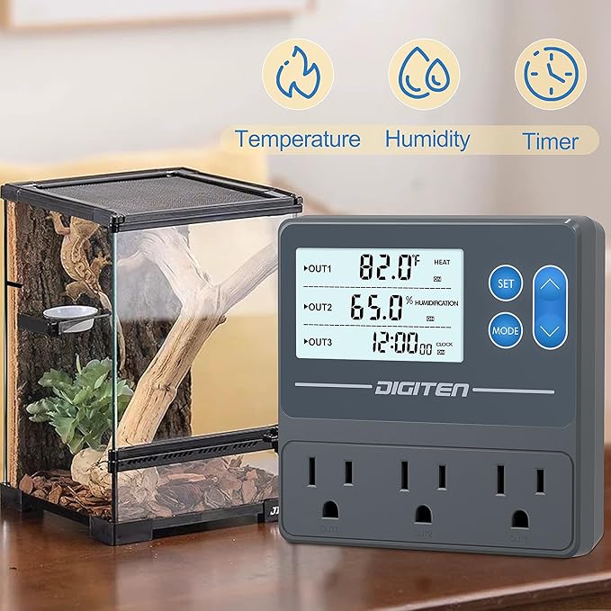 Digital Temperature Humidity Controller Pre-Wired Outlets for Mushroom, Reptile, Heating/Cooling On Outlet 1, Humidifier/Dehumidifier On Outlet2, Timer On Outlet 3 - Image 3