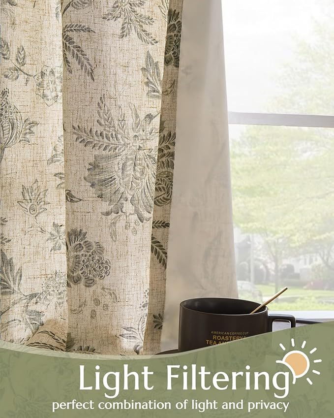 jinchan Lined Linen Floral Curtains for Living Room, 63 Inch Length Printed Flower Farmhouse Patterned French Country Back Tab Green Window Drapes Set Privacy Bedroom Curtains, 2 Panels - Image 3
