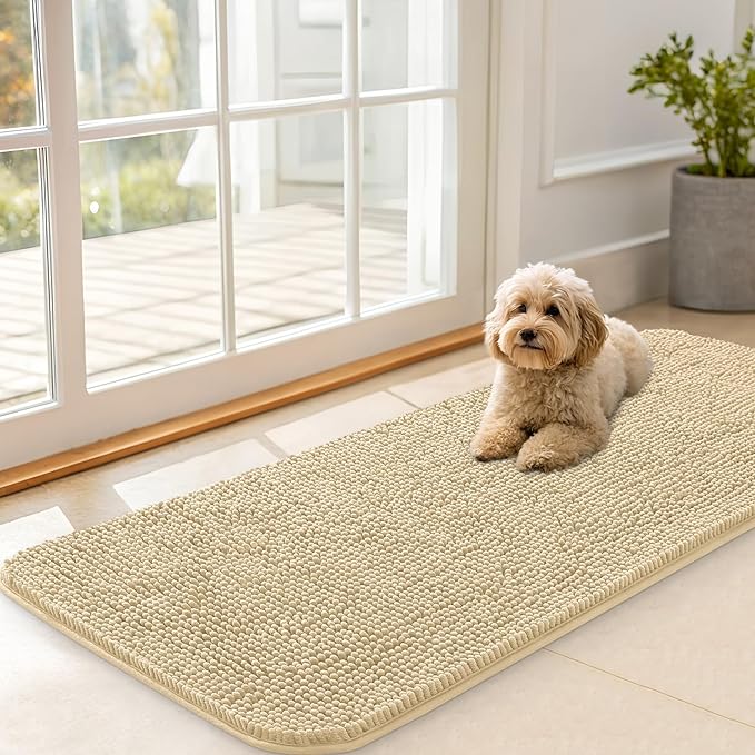 OLANLY Dog Door Mat for Muddy Paws 47x20, Absorbs Moisture and Dirt, Absorbent Non-Slip Washable Doormat, Quick Dry Chenille Mud Mat for Dogs, Entry Indoor Entryway Carpet for Inside Floor, Sand by OLANLY