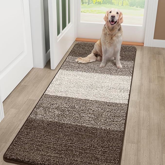 Smiry Dog Door Mat for Muddy Paws, Absorbs Moisture and Dirt, Low-Profile Entryway Mat with Non-Slip Backing, Entry Indoor Outdoor Doormat for Inside Floor (48x32 Inches, Light Brown, Striped) by Smiry