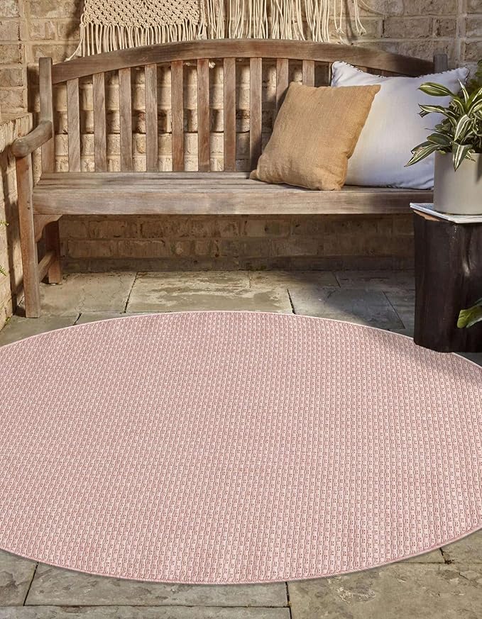 Unique Loom Collection Casual Transitional Solid Heathered Indoor/Outdoor Flatweave Area Rug (4' 1" Round, Whisper Pink/Ivory) - Image 3