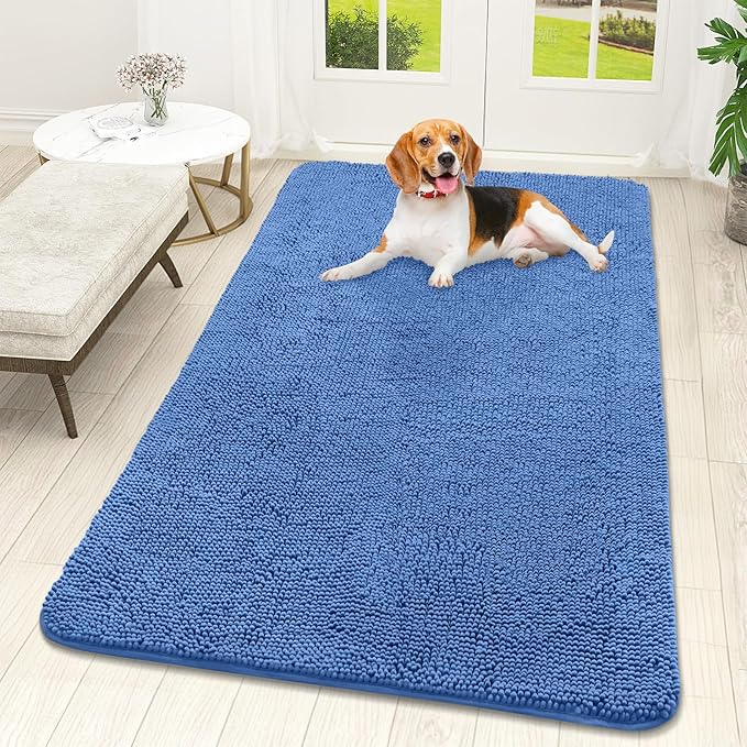 OLANLY Dog Door Mat for Muddy Paws 59x32, Absorbs Moisture and Dirt, Absorbent Non-Slip Washable Doormat, Quick Dry Chenille Mud Mat, Entry Indoor Entryway Carpet for Inside Floor, Cornflower Blue by OLANLY