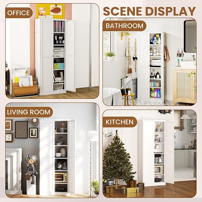 72" Tall Metal Pantry Cabinet with 2 Doors and 5 Adjustable Shelves, Freestanding Kitchen Storage Cabinet, Large White Cupboard Organizer for Kitchen Dining Room Living Room Bathroom,Assembly Required - Image 7