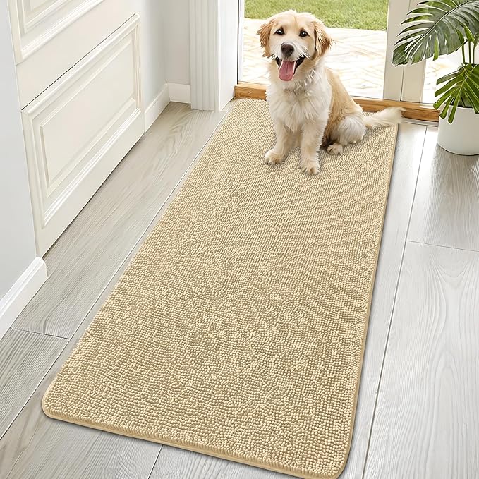 OLANLY Dog Door Mat for Muddy Paws 70x35, Absorbs Moisture and Dirt, Absorbent Non-Slip Washable Doormat, Quick Dry Chenille Mud Mat for Dogs, Entry Indoor Entryway Carpet for Inside Floor, Sand by OLANLY