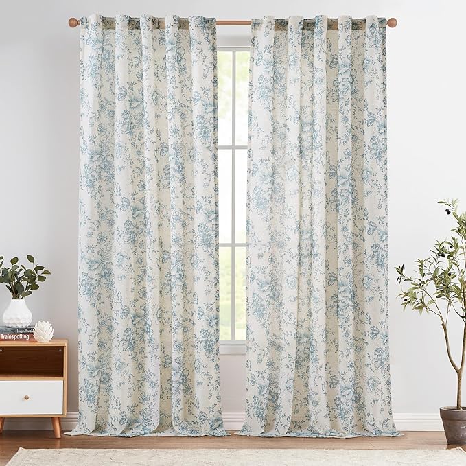 jinchan Linen Blend Curtain Floral Curtains for Living Room 96 Inch Length Blue Printed Curtain Rod Pocket Back Tab Farmhouse Peony Flower Patterned Drapes Bedroom Window Curtains Set 2 Panels by JINCHAN