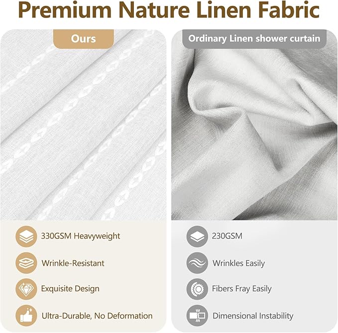 72 x 84 inch Extra Long Boho Farmhouse Shower Curtain with Tassels, White Linen Textured Soft Fabric Shower Curtain Heavyweight, Elegant French Country Striped Bathroom Curtain Water Repellent - Image 2