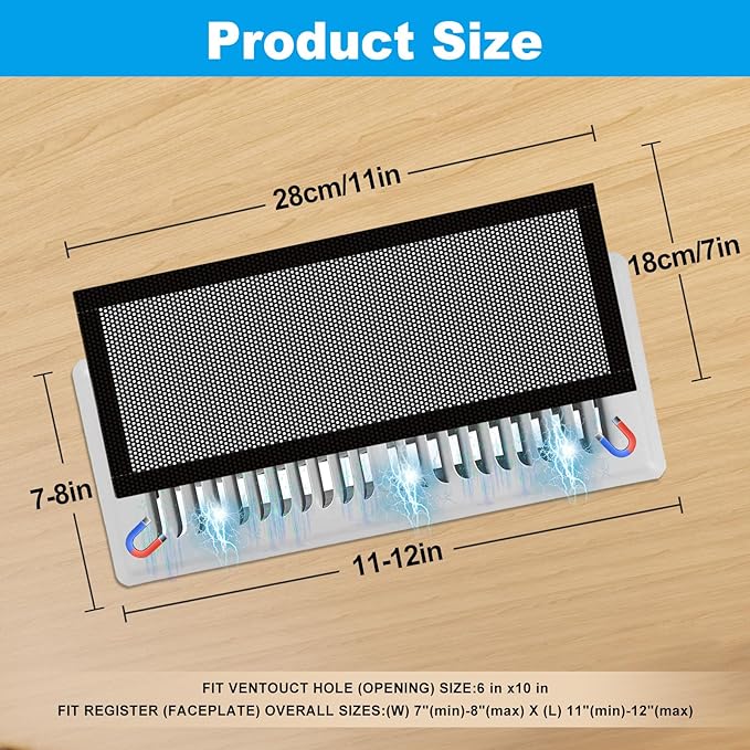 6-Pack Black Magnetic Vent Covers 7x11 Inch - Universal Fit for Floor, Wall & Ceiling Registers (7"-8" Width x 11"-12"Length) | High Airflow Mesh Design | Tool-Free Easy Installation - Image 2