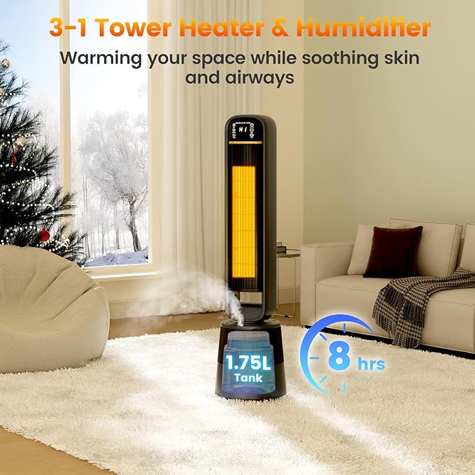 Auertech 35.5" Space Heater with Humidifier, 2 in 1 Electric Space Heater with 1.75L Water Tank, Oscillating Room Heaters with Dual-Fan & Thermostat, Space Heaters for Indoor Use Large Room, Bedroom - Image 3