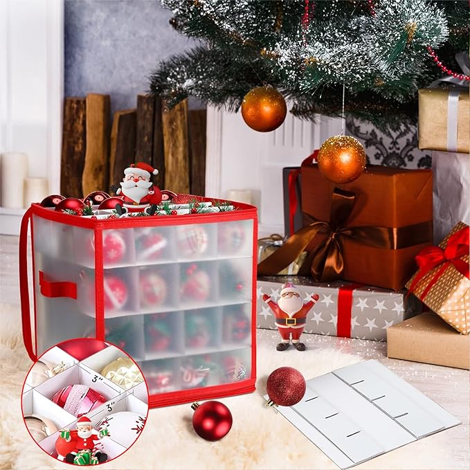 Christmas Ornament Storage Box, 64 Christmas Decoration Storage Box with Two Handles, Holiday Xmas Ornaments Box with Lid, Double-Sided Trays with Durable Zippers for Season - Image 3