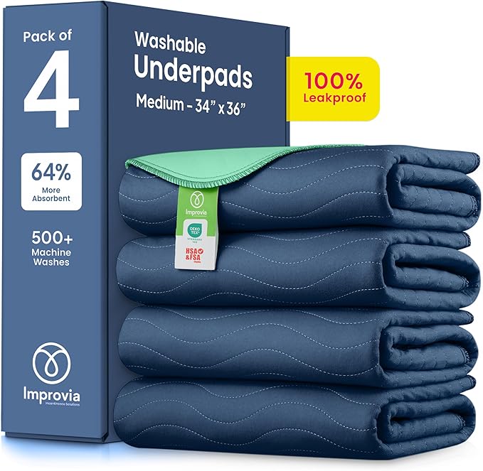 IMPROVIA® Washable Underpads, Heavy Absorbency Reusable Incontinence Pads for Kids, Adults, Elderly, and Pets, Waterproof Protection Floor - Navy & Green, 34"x36" (Pack of 4) by IMPROVIA