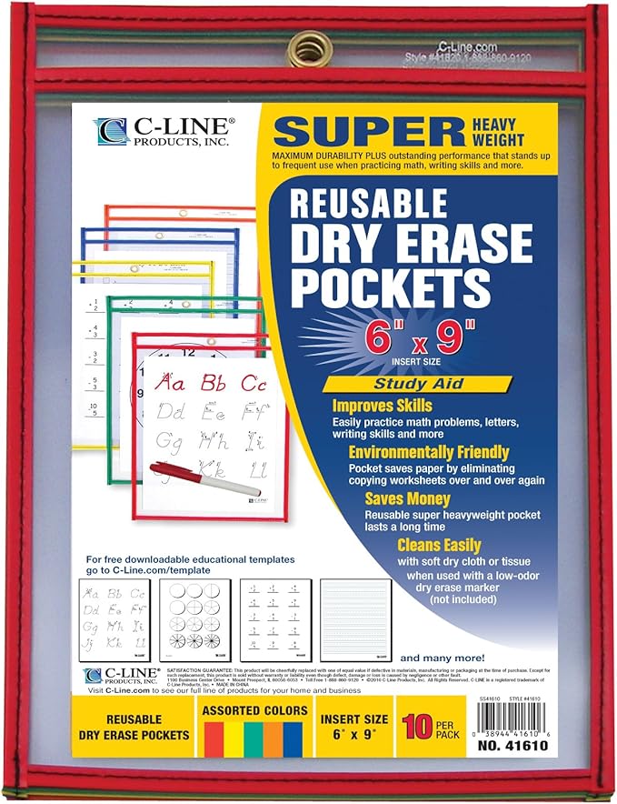 C-Line Reusable Dry Erase Pockets, 6 x 9 Inches, Assorted Primary Colors, 10 Pockets per Pack (41610) - Image 2