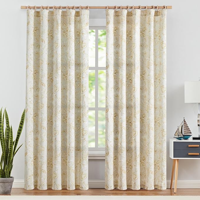 jinchan Floral Curtains 90 Inch Length Mustard Yellow Flower Linen Farmhouse Curtain for Living Room French Country Vintage Curtain Rod Pocket Curtains Set 2 Panels Floral Printed - Image 2