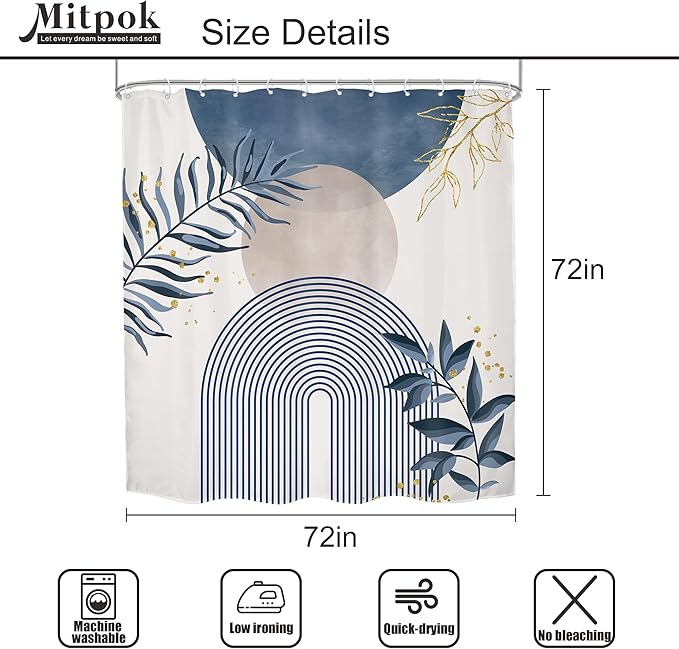 4 PCS Navy Blue Gray Boho 72Wx72H Shower Curtain Set Modern Mid Century Plant Bath Rug Toilet Lid Cover Nonslip U Shape Mat Quick Dry Rubber Backed Dirt Resistant Accessories Bathroom Decor - Image 4