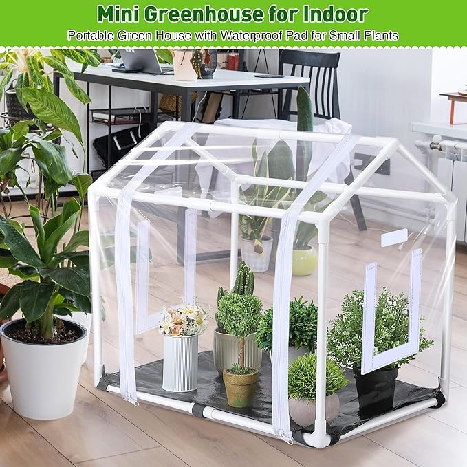 Mini Greenhouse with Potting Mat for Indoor Plant, Heavy Duty Portable Green House with Waterproof Pot Pad for Small Plants, Clear Small Plant Tent for Seed Humidity(White) - Image 7