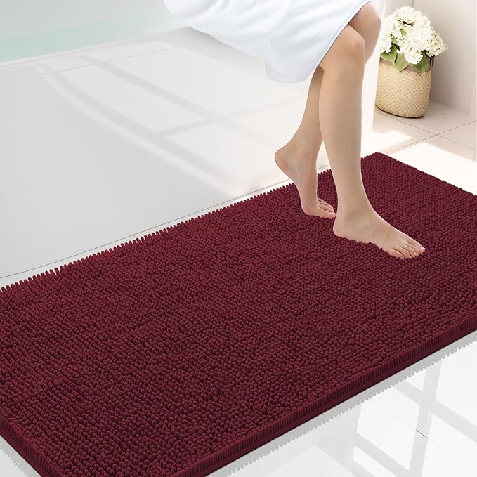 Smiry Luxury Chenille Bathroom Rugs 45x27, Extra Soft and Absorbent Shaggy Bath Mat, Machine Washable, Non-Slip Plush Carpet Runner for Tub, Shower, and Floor, Home Decor Accessories, Burgundy by Smiry