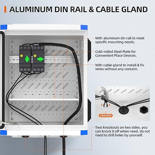 Joinfworld Outdoor Electrical Box 19.7"x15.7"x7.9" Metal Waterproof Vented Nema Enclosure with 12V Fan, Stainless Steel Junction Box with Cold Rolled Steel Plate Hinge Connection Din Rail - Image 4