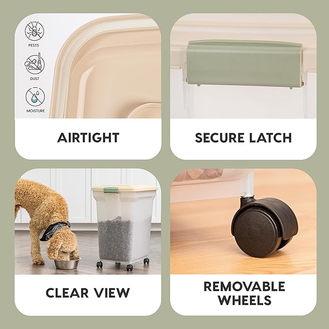 IRIS USA 58 Lbs / 67 Qt WeatherPro Airtight Pet Food Storage Container with Attachable Casters, For Dog Cat Bird and Other Pet Food Storage Bin, Keep Fresh, Translucent Body, Almond/Clear - Image 4