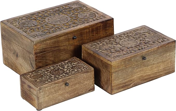 Deco 79 Mango Wood Floral Handmade Decorative Box Decorative Keepsake Boxes with Hinged Lid, Set of 3 Storage Boxes 8", 10", 12"W, Brown - Image 12