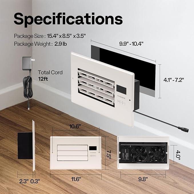 VIVOHOME 6'' x 10'' Opening Register Booster Fan with Adjustable Wind Direction Louver, Smart Intelligent Thermostat & 10-Speed Remote Control - 11.6" x 7.5" Vent Cover for Room, Floor, Wall - White - Image 2