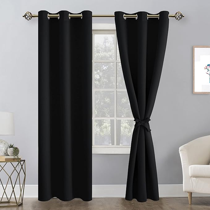 Hiasan Blackout Curtains for Bedroom, 42 x 84 Inches Long - Thermal Insulated & Light Blocking Window Curtains for Living Room, 2 Drape Panels Sewn with Tiebacks, Black - Image 2