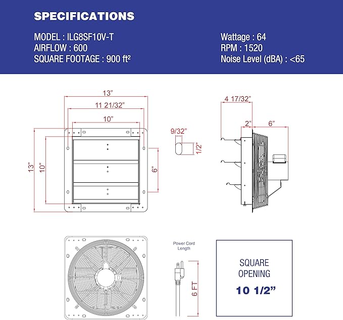 iLiving ILG8SF10V-T, 10 inch Shutter Exhaust Attic Garage Grow, Ventilation Fan with 3 Speed Thermostat 6 Foot Long 3 Plugs Cord, 10" - Variable, 600 CFM, 900 SQF Coverage Area, Silver - Image 3