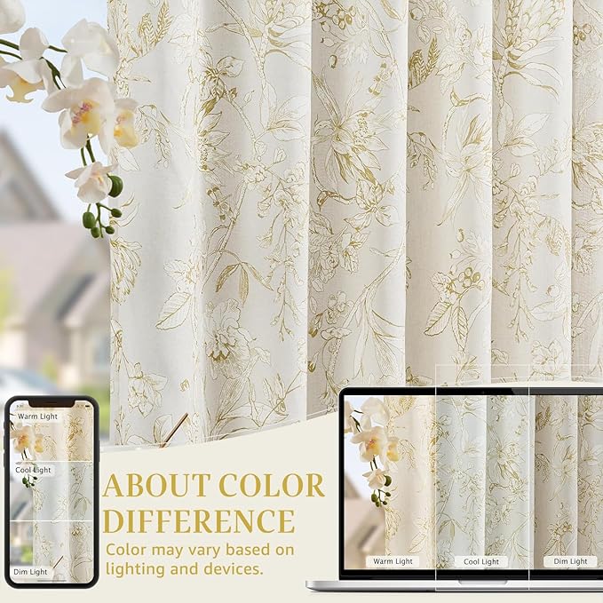jinchan Floral Curtains 96 Inches Long Mustard Yellow Flower Linen Farmhouse Curtain for Living Room French Country Vintage Curtain Rod Pocket Curtains Set 2 Panels Floral Printed - Image 6