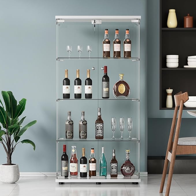 Yoluckea 4 Shelves Glass Display Cabinet with 2 Doors, Floor Standing Clear Glass Curio Cabinet Collection Display Case for Living Room Bedroom 64.56” x 31.69” x 14.37” White by Yoluckea