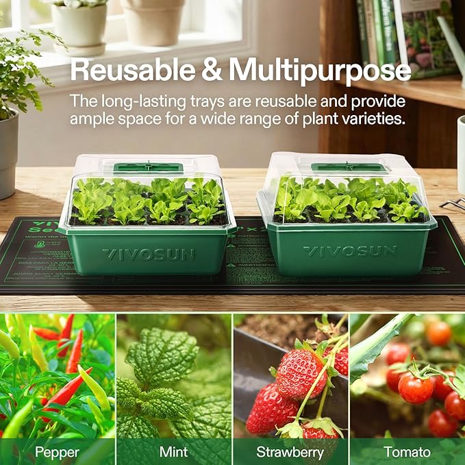 VIVOSUN 6-Pack Seed Starter Trays with 10"x20.75" Seedling Heat Mat, Self-Adjusting Dual Digital Display Temperature Controller, 72-Cell Seed Starter Kit with Humidity Dome, Reusable Propagation Trays - Image 5