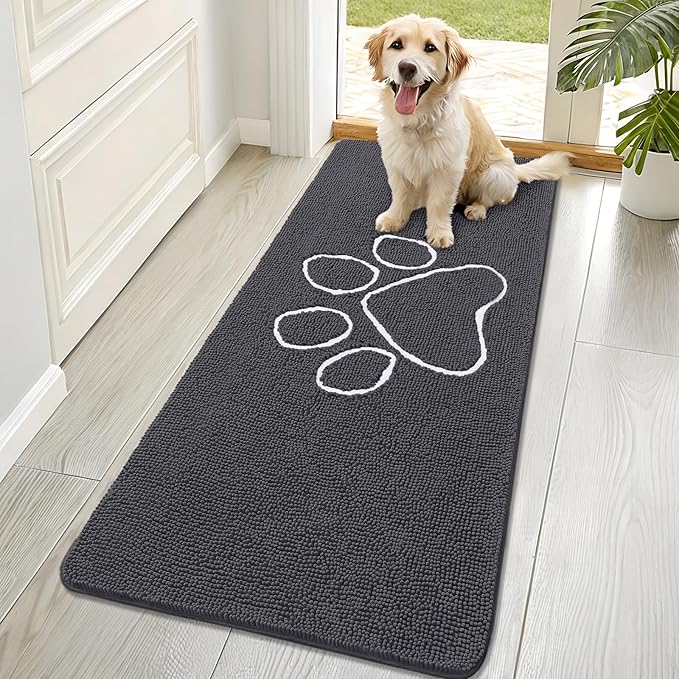 OLANLY Dog Door Mat for Muddy Paws 70x32, Paw Print Design, Absorbs Moisture and Dirt, Absorbent Non-Slip Washable Doormat, Quick Dry Chenille Mud Mat for Dogs, Entry Indoor Entryway Carpet, Dark Grey by OLANLY