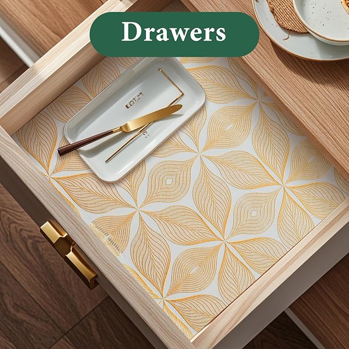 3D Drawer and Shelf Liner for Kitchen Cabinet: 17 in X 20 Ft Waterproof Shelf Paper Non Adhesive Refrigerator Liners Golden Leaf Easy Liners for Bathroom with Knife Tape Measure - Image 2