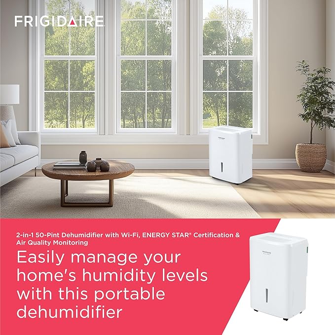 Frigidaire Gallery 2-in-1 50-Pint Portable Dehumidifier with Wi-Fi, Energy Star Certification & Air Quality Monitoring for Medium/Large Rooms & Basements, Custom Humidity Control, Auto Shut Off, White - Image 2