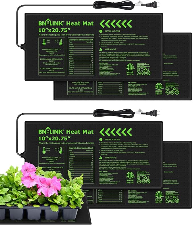 BN-LINK Durable Seedling Heat Mats for Seed Starting 10" x 20.75", 4 Pack Waterproof Warming Mat for Plants Germination, Plant Heating Pad for Indoor Growing, Hydroponic, Greenhouse, ETL Listed by BN-LINK