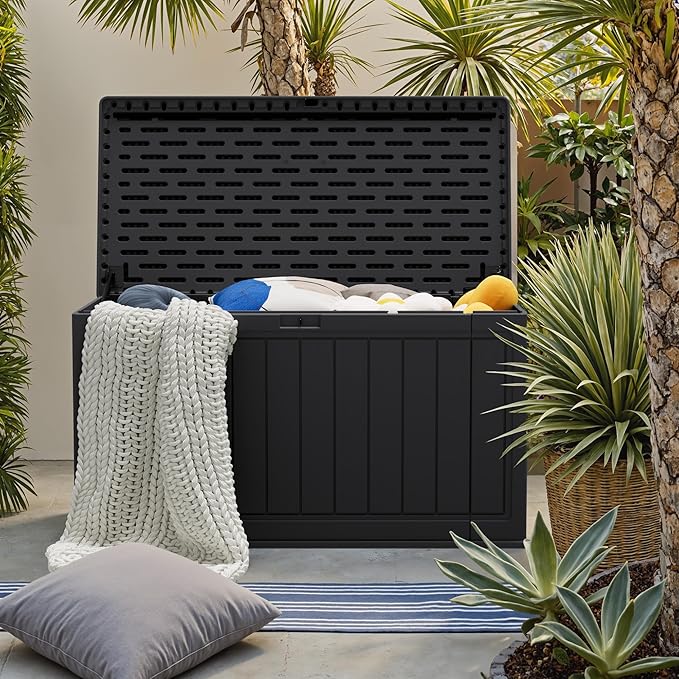 JUMMICO 160 Gallon Resin Outdoor Storage Deck Box with Divider, Waterproof Storage Box&Bench with Lockable Lid for Garden Tools, Pools Supplies (Black) - Image 6