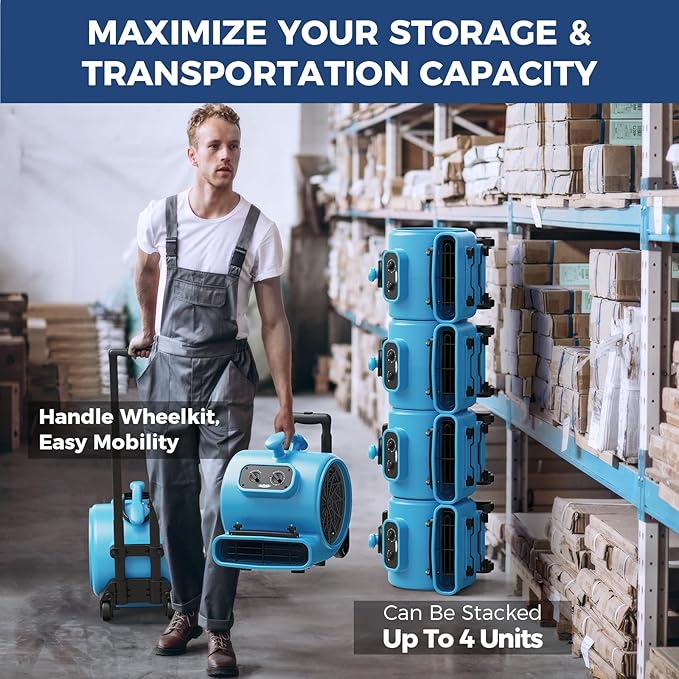 ALORAIR 3000 CFM Air Mover Blower Fan for Industrial, Floor Drying Fan, Carpet Dryer - Timer, Handle Wheelkit, Carpet Buckles, Stackable, for Water Damage Restoration and Plumbing - GE3000HTC - Image 7