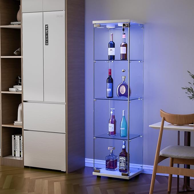 Yoluckea 4 Shelves Glass Display Cabinet with LED Light and Door, Curio Collection Glass Display Case for Home Office, Floor Standing Bookshelf Corner Cabinet (White) - Image 4