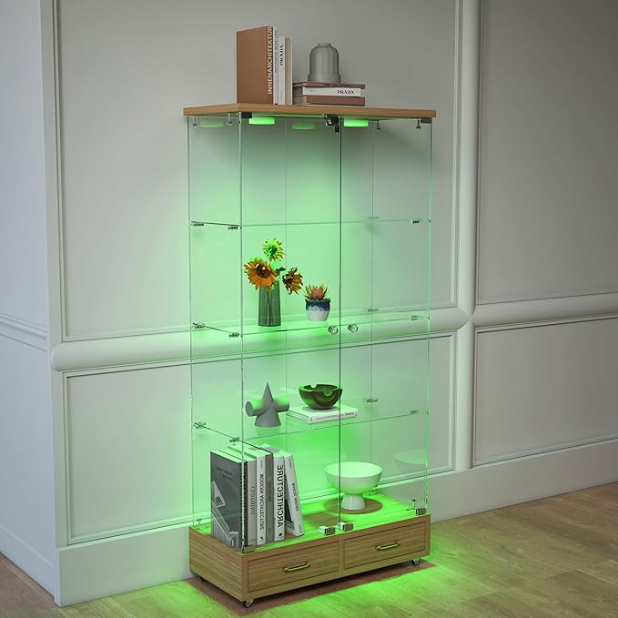 Yoluckea 4-Tier Glass Display Cabinet with LED Lighting and 2 Drawers, 2-Door Floor Standing Curio Cabinet with Wheel for Home, Office, Corner Display,Natural Glass Bookshelf for Collections and Decor by Yoluckea