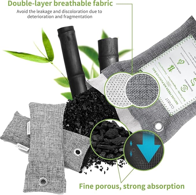 CLEVAST 14 Pack Activated Bamboo Charcoal Air Purifying Bags(2x200g, 12x50g), Natural Fresh Odor Absorber, Deodorizer and Moisture Eliminator, Air Purifier Bags for Home - Image 2