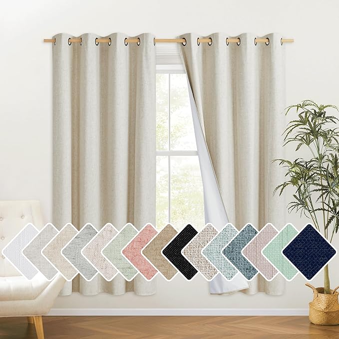 NICETOWN Natural Bedroom Full Blackout Linen Curtain Panels Set of 2, 52" by 72", Cold Reducing Thick Insulated Classic Grommet Blackout Draperies with White Thermal Insulated Liner for Windows by NICETOWN