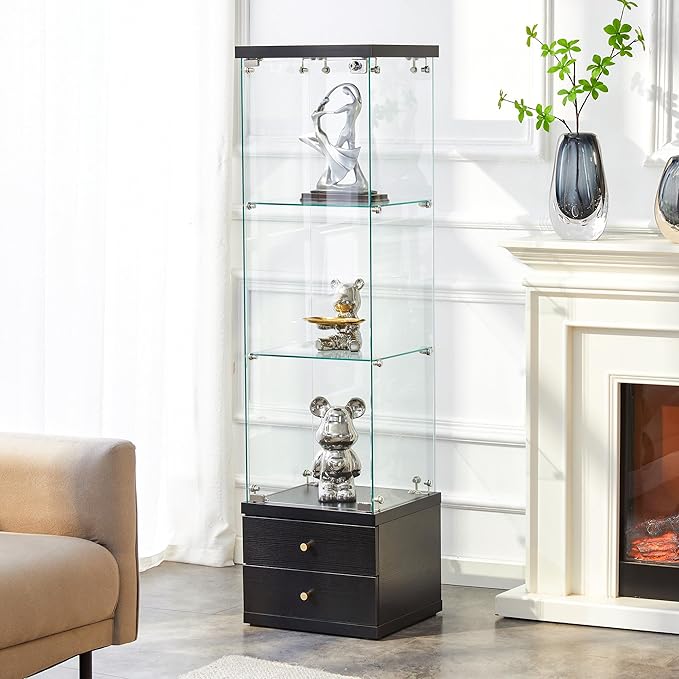 Yoluckea 3 Shelves Glass Display Cabinet with 2 Soft-Close Storage Drawers, Curio Collection Glass Display Case with Door & Lock, Floor Standing Bookshelf Corner Cabinet for Book Toys Glory (Black) - Image 6
