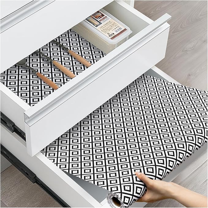 Drawer and Shelf Liner, Non-Slip Kitchen Cabinet Liners Non-Adhesive Thick Strong Grip Waterproof Washable Mats Protect Dresser Shelves Cupboard Bathroom Cabinets, Black & White, 24 in X 20 FT by ALIUNI