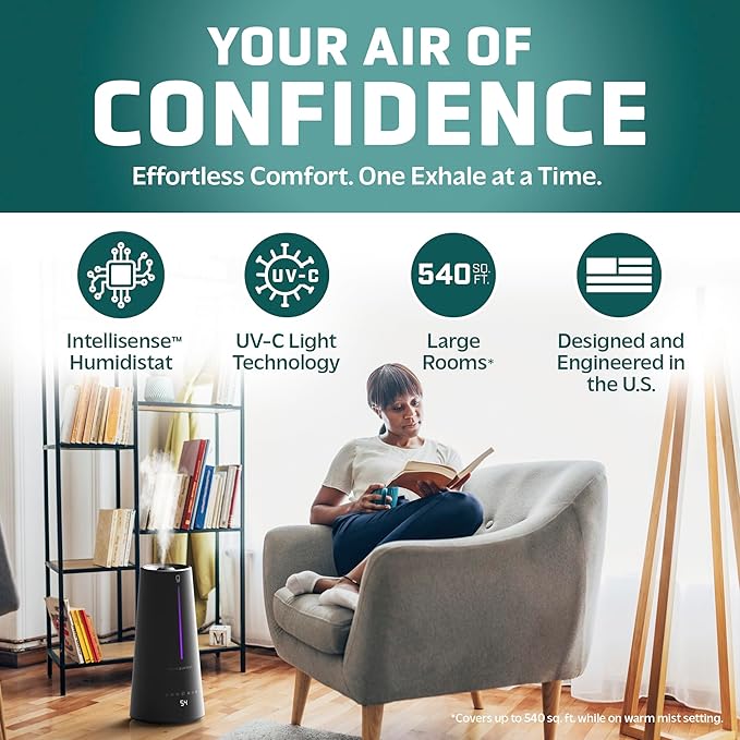 PureGuardian 1.5 Gal Ultrasonic Warm & Cool Mist Humidifier with UV-C Light, IntelliSense Humidistat, 90-Hr Runtime, for Large Rooms up to 540 Sq. Ft., Black, H5665B - Image 2
